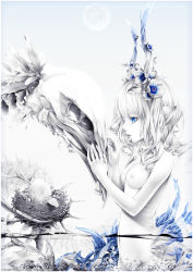 10s 1girl 2014 absurdres animal_ears bouno_satoshi breasts egg female_focus flower flower_on_head highres horns medium_breasts monochrome monster moon navel nest nipples nude original plant skull solo spot_color water