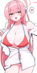 1girl :d bikini blue_archive green_eyes hanako_(blue_archive) hanako_(swimsuit)_(blue_archive) highres long_hair looking_at_viewer open_mouth pink_hair red_bikini shirt simple_background smile solo swimsuit white_background white_shirt yuntaro_(ramen_star)