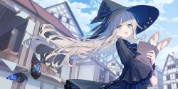 1girl absurdres bag basket black_dress black_hat blue_eyes blue_sky bottle bow bread bug building butterfly cloud cloudy_sky dress floating_hair food frilled_dress frilled_skirt frilled_sleeves frills hat highres holding holding_bag house insect long_hair long_sleeves mikisai open_bag open_mouth original paper_bag shelf skirt sky star_(symbol) town white_hair window witch witch_hat