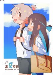 1boy 1girl :d absurdres ahoge alternate_hair_length alternate_hairstyle artist_name backpack bag bambi2000line black_shorts blue_hair blue_sky brown_eyes brown_hair cloud colored_inner_hair commentary copyright_name couple ear_piercing from_side hetero highres holding_strap hozuki_momiji long_hair multicolored_hair onii-chan_wa_oshimai! open_mouth oyama_mahiro_(male) piercing pink_hair ponytail shirt short_ponytail shorts sky smile two-tone_hair white_shirt