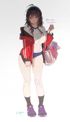 1girl absurdres ahoge ankle_socks bag bandage_on_knee bandages black_hair black_socks blue_buruma bra breasts brown_dust_(series) brown_dust_2 buruma commentary_request covered_navel duffel_bag gym_uniform highres jacket korean_commentary large_breasts loen_(brown_dust_2) loen_(track_and_field_team)_(brown_dust_2) long_hair looking_at_viewer messy_hair myabit navel open_clothes open_jacket purple_eyes red_jacket see-through_clothes shirt shoes shoulder_bag sneakers socks solo sweat underwear very_sweaty white_background white_bra white_shirt
