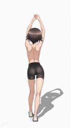 1girl absurdres ass bike_shorts black_shorts flintard from_behind full_body girls_und_panzer highres isobe_noriko pantylines shorts shoulder_blades signature simple_background solo tomboy topless_female white_background