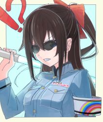 !? 1girl ajapar armband blue_background blue_dress blue_eyes border breasts brown_hair commentary_request copyright_name dress glowstick hair_between_eyes half_updo hand_up highres holding holding_glowstick long_hair long_sleeves looking_at_viewer love_live! love_live!_nijigasaki_high_school_idol_club medium_breasts nijiyon osaka_shizuku outside_border penlight_(glowstick) rainbow_print ryouran!_victory_road_(love_live!) sidelocks solo sunglasses upper_body v-shaped_eyebrows white_armband white_border