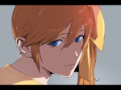1girl ace_attorney amikoiiko athena_cykes blue_eyes bow closed_mouth eyelashes from_side grey_background hair_between_eyes hair_bow highres light_smile looking_at_viewer orange_hair phoenix_wright:_ace_attorney_-_dual_destinies side_ponytail solo upper_body yellow_bow