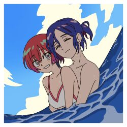 1boy 1girl amate_yuzuriha aqua_eyes bikini blue_hair blue_sky blush breasts cleavage closed_eyes cloud colored_inner_hair gundam gundam_gquuuuuux hetero highres hug hug_from_behind multicolored_hair open_mouth partially_submerged ponytail purple_hair red_hair short_hair shuji_ito sky smile swimsuit two-tone_hair water wet youri_you_ri