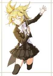 1girl black_jacket black_skirt black_thighhighs blonde_hair bow bowtie closed_eyes conductor_baton cropped_legs earmuffs frilled_shirt frills hair_ears hand_up highres jacket kirigawa_mika light_blush long_sleeves looking_to_the_side medium_hair shirt skirt solo tailcoat thighhighs touhou toyosatomimi_no_miko white_background white_bow white_bowtie white_shirt