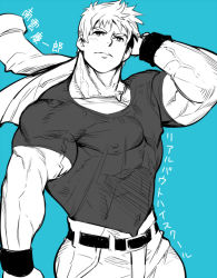 1boy aqua_theme blue_theme greyscale_with_colored_background jacket jacket_over_shoulder unworn_jacket large_pectorals mabataki male_focus monochrome muscular nagumo_keiichirou pectorals real_bout_high_school shirt short_hair solo t-shirt translation_request wristband