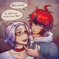 2boys ahoge aotsuki_eito black_hair blue_eyes collar collarbone english_text fingernails glasses hand_up highres looking_at_another looking_down looking_up messy_hair multicolored_eyes multicolored_hair multiple_boys open_mouth red_eyes red_hair shirt simple_background smile speech_bubble sumino_takumi teeth the_hundred_line_-last_defense_academy- upper_body white_hair white_shirt yaoi