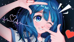 1girl abstract_background absurdres ahoge blue_eyes blue_hair blush cardiogram collared_shirt commentary_request dark_background double-parted_bangs eyelashes finger_frame grin hair_between_eyes hair_over_shoulder hands_up heart highres index_finger_raised long_bangs looking_at_viewer make_heroine_ga_oo_sugiru! nail_polish notice_lines one_eye_closed palms pink_nails profile red_lips shadow shirt short_sleeves smile solo sparkle tbyjpg white_shirt yanami_anna