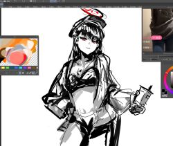 1girl alternate_costume art_program_in_frame blue_archive breasts halo hat large_breasts long_hair looking_at_viewer military_hat moonstone-six open_clothes red_eyes rio_(blue_archive) sketch smile solo unfinished