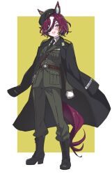1girl animal_ears arm_at_side belt beret black_boots black_coat black_hat black_necktie blonde_hair blush boots clenched_hand coat collared_shirt eyepatch full_body gloves green_jacket green_pants hair_between_eyes hand_on_own_hip hat high_heels highres horse_ears horse_girl horse_tail jacket kerotan_(belle_reinedesu) lace-up_boots military_uniform multicolored_hair necktie open_mouth pants purple_hair shirt short_hair smile solo standing streaked_hair tail tanino_gimlet_(umamusume) umamusume white_gloves