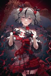 1girl absurdres alternate_costume bare_shoulders black_eyes black_gloves breasts camellya_(wuthering_waves) commentary cowboy_shot dress gloves hair_vines highres kalfine looking_at_viewer medium_breasts red_pupils short_hair short_twintails smile solo tacet_mark_(wuthering_waves) thighs twintails white_dress white_hair wuthering_waves