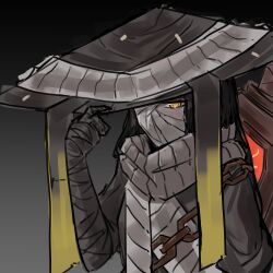 Rule 34 | 1girl, absurdres, adjusting clothes, adjusting headwear, ajirogasa, bandage over one eye, bandaged head, bandages, bandages over mouth, black background, black hair, commentary, conical hat, dark-skinned female, dark skin, english commentary, gradient background, grey scarf, hat, highres, jjong (7 jjong 9), limbus company, long hair, long sleeves, one eye covered, project moon, scarf, simple background, solo, white background, yellow eyes, zilu (project moon)