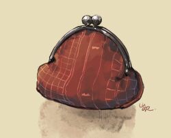 Rule 34 | bag, coin purse, commentary request, highres, no humans, object focus, original, red bag, shadow, signature, simple background, still life, yamabuki (haruirokerria), yellow background