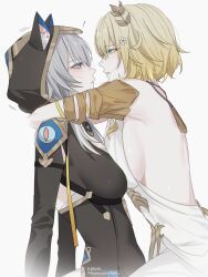 2girls absurdres aglaea_(honkai:_star_rail) animal_ear_fluff animal_ears backless_dress backless_outfit bare_back blonde_hair blue_eyes breast_press cat_ears cipher_(honkai:_star_rail) commentary dress eye_contact from_side green_eyes grey_hair highres honkai:_star_rail honkai_(series) hood hug long_hair looking_at_another multiple_girls profile seol_(baconontheclock) symmetrical_docking upper_body white_dress yuri