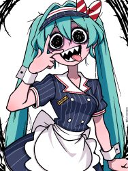 Rule 34 | 1girl, apron, aqua hair, black eyes, bow, crazy eyes, eyelashes, hair between eyes, hat, hat bow, hatsune miku, jaggy lines, ji heeeeeee, korean commentary, long hair, looking at viewer, mesmerizer (vocaloid), messy hair, name tag, open mouth, shaded face, sharp teeth, short sleeves, simple background, solo, teeth, tongue, tongue out, twintails, v, v over eye, very long hair, visor cap, vocaloid, waist apron, waitress, white apron, white background, wrist cuffs