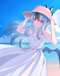 1girl alternate_costume beach black_hair black_horns blue_archive blue_sky blue_wings breasts cleavage cloud commentary_request day dress grey_hair hands_up hat highres horns kayoko_(blue_archive) long_hair looking_at_viewer multicolored_hair no_halo outdoors pink_hat red_eyes shadow117 single_wing sky small_breasts smile solo standing two-tone_hair water white_dress wings