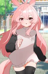 Rule 34 | absurdres, animal ears, blush, hair ornament, hana20000920, highres, hood, hoodie, horse ears, horse girl, horse tail, kemonomimi mode, long sleeves, mumble (shachimu), open mouth, pink eyes, pink hair, pink hoodie, running, solo, sweater under dress, tail, thighhighs, virtual youtuber