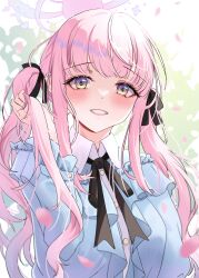 1girl absurdres alternate_costume alternate_hairstyle black_ribbon blue_archive blue_jacket blunt_bangs blurry blush byakko_0410 collared_shirt commentary day depth_of_field eyelashes eyeshadow falling_petals grin hair_ribbon halo hand_up happy heart highres holding holding_own_hair jacket long_hair long_sleeves looking_at_viewer makeup mika_(blue_archive) neck_ribbon outdoors petals pink_eyeshadow pink_hair pink_halo pink_lips ribbon shirt sidelocks smile solo twintails upper_body very_long_hair white_shirt yellow_eyes