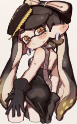 Rule 34 | 1girl, ass, black dress, black gloves, blush, bow-shaped hair, callie (alterna) (splatoon), callie (splatoon), closed mouth, commentary request, dress, earrings, food, food on head, from behind, gloves, highres, inkling, jewelry, long hair, looking at viewer, mole, mole under eye, nintendo, object on head, official alternate costume, pointy ears, short eyebrows, solo, splatoon (series), splatoon 3, star-shaped pupils, star (symbol), sweat, symbol-shaped pupils, t4chihi, tentacle hair, thick eyebrows, very long hair