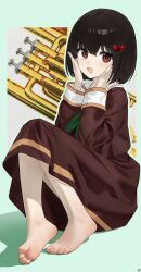 1girl absurdres barefoot black_hair bow brown_serafuku brown_shirt brown_skirt commentary_request euphonium feet hair_bow hands_on_own_cheeks hands_on_own_face hibike!_euphonium highres hisaishi_kanade instrument kitauji_high_school_uniform long_sleeves looking_at_viewer open_mouth outline red_bow red_eyes school_uniform serafuku shirt short_hair simple_background skirt smile soles solo songchuan_li toes white_background white_outline