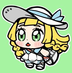 1girl :o bag bkub blonde_hair blush chibi chibi_only creatures_(company) dress duffel_bag eyelashes full_body game_freak green_background green_eyes hat lillie_(pokemon) long_hair nintendo open_mouth outline pokemon pokemon_sm shoulder_bag solo white_dress white_hat white_outline
