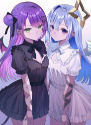 alternate_costume amane_kanata angel angel_wings asymmetrical_bangs black_dress black_ribbon blue_hair braid breasts cleavage_cutout closed_mouth clothing_cutout colored_inner_hair commentary_request demon_girl demon_tail demon_wings dress earrings feathered_wings frilled_dress frills gradient_hair gradient_wings green_eyes grey_hair hair_ornament hairclip halo highres hololive jewelry long_hair looking_at_viewer mini_wings multicolored_hair multicolored_wings nametakeko neck_ribbon official_alternate_hairstyle pink_hair pointy_ears puffy_short_sleeves puffy_sleeves purple_eyes purple_hair purple_wings ribbon short_sleeves side_braid single_hair_intake small_breasts spiked_ear_piercing star_halo streaked_hair swept_bangs tail tokoyami_towa virtual_youtuber white_dress white_ribbon white_wings wings x_hair_ornament