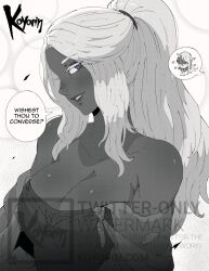Rule 34 | bare shoulders, black skin, breasts, cleavage, colored skin, dark-skinned female, dark skin, dress, duchess (elden ring), elden ring, elden ring nightreign, highres, koyorin, large breasts, long hair, looking at viewer, monochrome, ponytail, recluse (elden ring), solo focus, very dark skin, watermark, white hair, witch, yuri