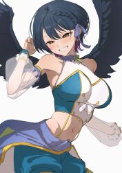 Rule 34 | 1girl, absurdres, bare shoulders, black hair, black wings, blue ribbon, blue shirt, blue shorts, blush, braid, breasts, crop top, detached sleeves, feathered wings, gradient hair, grin, hair ribbon, head tilt, highres, kaekae kaeru, large breasts, long sleeves, looking at viewer, midriff, multicolored hair, navel, nijisanji, nijisanji idol uniform, purple hair, ribbon, see-through clothes, see-through sleeves, shirt, short hair, shorts, side braid, simple background, sleeveless, sleeveless shirt, smile, solo, virtual youtuber, white background, white shirt, wings, yamagami karuta, yellow eyes