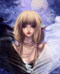 00s 1girl artist_name bare_shoulders blonde_hair blue_background blunt_bangs brown_eyes chii chobits feathered_wings female_focus full_moon hair_tubes light_smile lips long_hair moon rikamello robot_ears signature solo wings