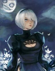 1girl 2b_(nier:automata) absurdres belt black_belt black_dress black_hairband blue_eyes blue_sky breasts cleavage_cutout closed_mouth clothing_cutout cloud cloudy_sky commentary dress english_commentary flower full_moon hair_between_eyes hairband highres juliet_sleeves lips long_sleeves looking_afar medium_breasts mole mole_under_mouth moon nier:automata nier_(series) night night_sky outdoors oz_starr petals puffy_long_sleeves puffy_sleeves short_hair sky solo standing star_(sky) starry_sky white_flower white_hair