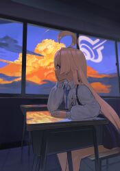 1girl absurdres ahoge arms_on_table blue_archive classroom commentary_request dark desk evening halo head_on_hand highres hoshino_(blue_archive) id_card indoors jochal long_hair long_sleeves looking_to_the_side necktie orange_clouds pink_hair pink_halo purple_sky school_desk shirt sky solo very_long_hair white_shirt window
