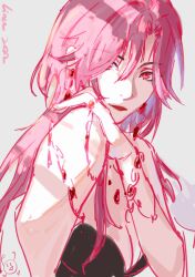 1girl 2022 absurdres countess_chelsea_(path_to_nowhere) earrings hand_on_own_shoulder highres jewelry linceyang looking_at_viewer necklace path_to_nowhere pink_hair red_eyes signature slit_pupils