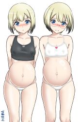 2girls black_sports_bra blonde_hair blue_eyes blush breasts erica_hartmann glasses hama_(zarulzaharudin) lactation lactation_through_clothes looking_at_viewer multiple_girls navel panties pregnant short_hair small_breasts smile sports_bra standing strike_witches underwear ursula_hartmann white_panties white_sports_bra world_witches_series
