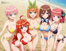 Rule 34 | beach, bikini, breasts, cleavage, collarbone, go-toubun no hanayome, highres, large breasts, long hair, looking at viewer, medium hair, nakano ichika, nakano itsuki, nakano miku, nakano nino, nakano yotsuba, navel, official art, open mouth, pink hair, red hair, ribbon, shiny skin, short hair, siblings, swimsuit, tagme