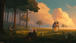 3others bug butterfly cake carrot commission flower food grass highres insect landscape multiple_others painterly sky sunset tonari_no_totoro totoro tree white_flower wopgnop