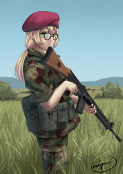 1girl absurdres ammunition_pouch battle_rifle beret blonde_hair camouflage canteen day female_focus frown grass green_eyes gun h&amp;k_g3 hat highres hill load_bearing_equipment long_hair looking_at_viewer looking_to_the_side low_ponytail mardjan military military_combat_uniform military_uniform multicolored_pants original pants paratrooper ponytail pouch red_hat rifle signature sky soldier solo tall_grass tree weapon