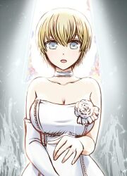 1girl bare_shoulders blonde_hair blue_eyes breasts choker cleavage collarbone commentary_request dress elbow_gloves flower glint gloves jewelry kaijin_no_karusheru large_breasts open_mouth ring short_hair single_elbow_glove solo stained_glass steampunk_(liarsoft) strapless strapless_dress tanaka_gorbachev upper_body wedding_dress wedding_ring white_choker white_flower