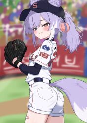 1girl baseball baseball_glove baseball_uniform blue_eyes blush cone_hair_bun fang fox_girl fox_tail hair_bun hair_ornament hair_rings heterochromia highres oldsickkim pom_pom_(clothes) pom_pom_hair_ornament ponytail purple_hair purple_tail skin_fang sportswear stellive tail tenko_shibuki two-tone_tail virtual_youtuber yellow_eyes