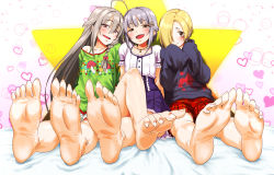 10s 3girls ahoge bare_legs barefoot blonde_hair blush braid brown_eyes feet foot_focus gradient_background hair_ornament hair_over_one_eye hairclip hands_in_opposite_sleeves heart hoshi_syoko idolmaster idolmaster_cinderella_girls kawaii_boku_to_142&#039;s_(idolmaster) koshimizu_sachiko legs long_hair long_sleeves multiple_girls open_mouth pija_(pianiishimo) purple_hair shirasaka_koume shirt_slip short_hair shy silver_hair single_braid sleeves_past_wrists smile soles teasing toes