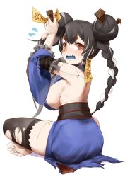 1girl absurdres barefoot black_hair black_thighhighs blue_dress braid breasts chinese_commentary detached_sleeves dress from_behind highres indian_style indie_virtual_youtuber kuroshima_mayu large_breasts looking_at_viewer multicolored_hair open_mouth oshin0_(zheng) sideboob sitting soles solo streaked_hair talisman thighhighs toes torn_clothes torn_thighhighs twin_braids virtual_youtuber white_background white_hair worried