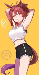 1girl absurdres ahoge animal_ears arlcn_(arlcn_1115) armpits arms_up black_shorts black_sports_bra bra bra_peek breasts brown_hair commentary crop_top dantsu_flame_(umamusume) hair_tie_in_mouth highres horse_ears horse_girl horse_tail medium_breasts mouth_hold multicolored_hair shirt short_shorts shorts simple_background sleeveless sleeveless_shirt solo sports_bra tail umamusume underwear watermark white_hair white_shirt yellow_background yellow_eyes