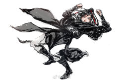 1boy arms_up black_boots black_hair black_hanfu boots chinese_clothes clenched_hands faux_traditional_media floating_clothes full_body grey_eyes hair_ribbon hanfu high_ponytail ink_wash_painting jumping kcllzas163 light_particles long_hair long_sleeves looking_at_viewer male_focus modao_zushi open_mouth pants ponytail red_ribbon ribbon robe simple_background smile solo third-party_source watermark wei_wuxian weibo_watermark white_background white_pants