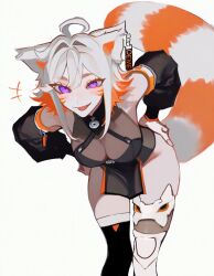 1girl ahoge animal_ears blush breasts demenishki detached_sleeves fang indie_virtual_youtuber jewelry medium_breasts multicolored_hair orange_hair purple_eyes raccoon_tail ring solo tail thighs tongue virtual_youtuber white_hair zandorii