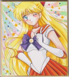 1girl aino_minako bishoujo_senshi_sailor_moon blonde_hair blue_eyes blush bow breasts chikoto earrings gloves highres jewelry long_hair miniskirt one_eye_closed red_bow sailor_venus short_sleeves skirt star_(symbol) very_long_hair wink