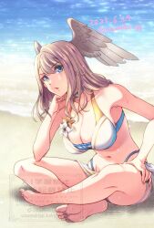 1girl bare_shoulders barefoot beach bikini blue_bikini breasts brown_hair cleavage crossed_legs eunie_(xenoblade) feathered_wings head_wings highres large_breasts medium_hair ocean sand sarong sitting soles solo swimsuit uzumaki_(skydirt) water white_bikini wings xenoblade_chronicles_(series) xenoblade_chronicles_3