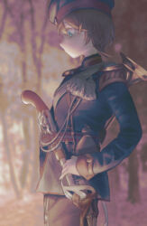 1girl aiguillette antique_firearm blonde_hair blue_eyes buttons caplock cowboy_shot double-breasted firearm firelock forest franco-prussian_war grey_hat grey_jacket grey_pants gun hand_on_own_hip handgun hat highres instrument jacket karasumi_(sumizono) long_sleeves looking_to_the_side military military_uniform nature original pants prussia short_hair shoulder_boards solo sword trumpet weapon