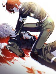 ahoge aotsuki_eito armband belt black_jacket black_pants blood blood_from_mouth blood_on_clothes blood_on_gloves blood_on_ground blue_eyes boy_on_top eye_contact glasses gloves grey_hair highres hole_in_chest hole_on_body jacket last_defense_academy_school_uniform lens_flare looking_at_another lying male_focus mizunana_(mizuasagi) multicolored_hair on_back pants pool_of_blood red_hair school_uniform short_hair strangling streaked_hair sumino_takumi sweat the_hundred_line_-last_defense_academy- white_armband white_belt white_gloves