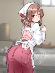 Rule 34 | 1girl, absurdres, apron, artist name, ass, brown hair, closed mouth, drill hair, from behind, furaggu (frag 0416), hair between eyes, hakama, hakama skirt, harukaze (kancolle), highres, indoors, japanese clothes, kantai collection, kimono, long hair, long sleeves, pink hakama, pink kimono, red eyes, skirt, solo, twin drills, variant set, watermark, white apron