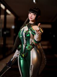 1girl 2025 arm_at_side arm_up ass blurry blurry_background bodysuit breasts brown_eyes closed_mouth collarbone commentary cosplay cosplay_photo cowboy_shot depth_of_field english_commentary eve_(stellar_blade) eve_(stellar_blade)_(cosplay) female_focus fingerless_gloves from_behind gloves green_bodysuit green_trim head_tilt highres hime_cut holding holding_sword holding_weapon index_finger_raised indoors large_breasts light_smile long_hair perspective photo_(medium) planet_diving_suit_(7th)_(stellar_blade) real_life solo standing stellar_blade sword thick_lips thick_thighs thighs very_long_hair weapon white_gloves white_trim yasal_170